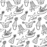 doodle pattern of various hats for Mardi Gras. Linear illustration is suitable on white for decoration of carnival events, festive accessories, promotional materials and is related, holidays vector