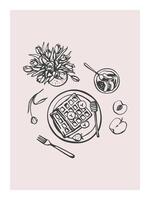 Hand drawn breakfast meal design. Waffles with banana and honey, yogurt with granola and fruits. Food design for poster, menu, social media vector
