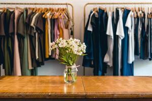 Clothes hanging on a rack in a showroom. Copy space photo