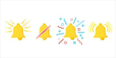 Set of flat style yellow alert bells with lines and symbols, on white background vector