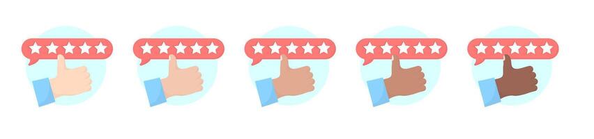 hands with different skin tones show thumb up. Five stars rating. vector