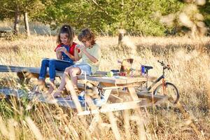 Cheerful children sitting on bench with book and sandwich photo