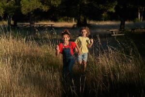 Cheerful siblings running in nature photo