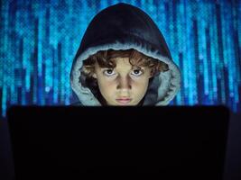 Little boy with laptop on binary code background photo