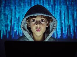 Boy with laptop on binary code background photo