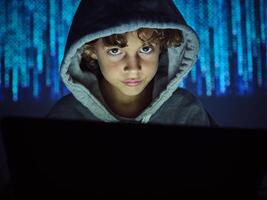 Boy in dark light on binary code background photo