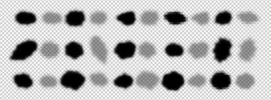Halftone gradient abstract black shapes with dot pattern, creating vintage textured effect. Ideal for overlays, design elements, comic art, retro aesthetics. Isolated illustration vector