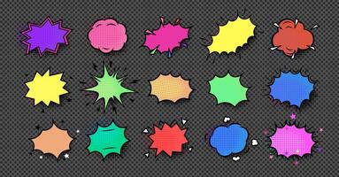 Colorful empty comic speech bubbles set with explosion effects, halftone shading, and dynamic bursts. Perfect for comics, stickers, pop art, banners, and graphic design. illustration vector