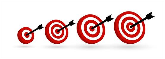 Growing target concept with arrows hitting bullseye, symbolizing progress, accuracy, achievement. Business, marketing, success strategy, goal setting. Flat illustration vector
