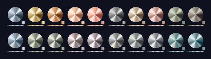 Realistic metallic gradient set with brushed textures in various shades of gold, silver, bronze, steel. Shiny polished surfaces for branding, design, and luxury product visuals. illustration vector