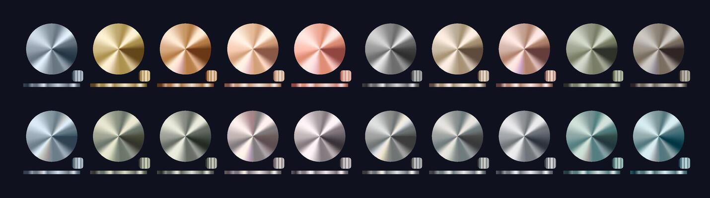 Realistic metallic gradient set with brushed textures in various shades of gold, silver, bronze, steel. Shiny polished surfaces for branding, design, and luxury product visuals. illustration