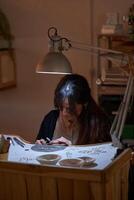 Focused female goldsmith using rotative tool while creating jewe photo