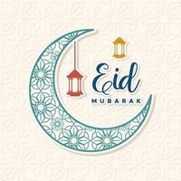 eid mubarak with crescent and lanterns vector