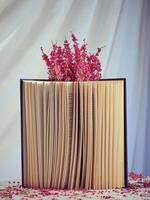 Flowers on opened book in studio photo