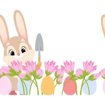 Easter spring seamless border of cute cartoon gardener bunnies with flowers and eggs
