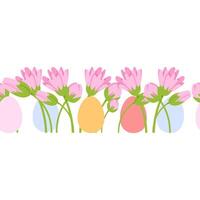 Easter spring seamless border of pink flowers and eggs vector