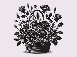 Delicate Rose Basket Silhouette in Black with Elegant Leaf Patterns vector