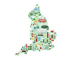Map of England with attributes and landmarks of this country drawn in a flat style. Hand drawn illustration. vector