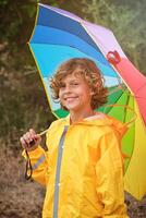Cheerful boy with umbrella looking at camera and smiling photo