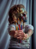 Messy boy showing set of paintbrushes photo