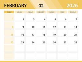 FEBRUARY 2026 year template, calendar 2026 year, orange background concept vector