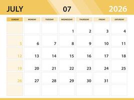 JULY 2026 year template, calendar 2026 year, orange background concept vector