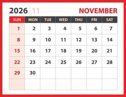 Calendar 2026 year - NOVEMBER 2026 template vector