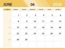 JUNE 2026 year template, calendar 2026 year, orange background concept vector