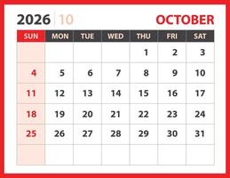Calendar 2026 year - OCTOBER 2026 template vector