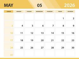 MAY 2026 year template, calendar 2026 year, orange background concept vector