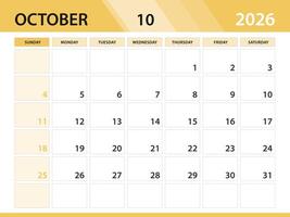 OCTOBER 2026 year template, calendar 2026 year, orange background concept vector