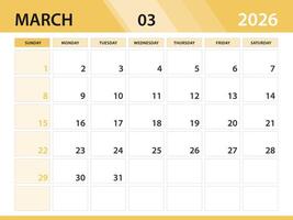 MARCH 2026 year template, calendar 2026 year, orange background concept vector