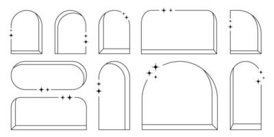 Line abstract frames, arch windows with blinks, decorative graphic elements and backgrounds. sticker set, print, tattoo collection. vector