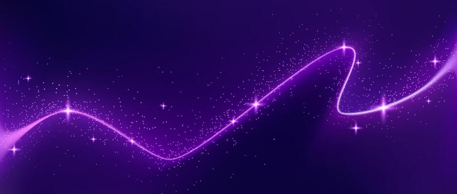 Abstract purple background with neon glowing line of light cursing through with sequins and blinks sparse around. Cosmic banner and cover. illustration.