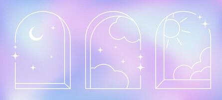 Line abstract frames on a liquid soft aura background, arch windows with weather, decorative graphic elements and backgrounds. illustration. vector