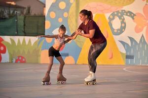 Concentrate child practicing new element of roller skating with photo