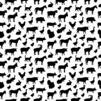 Seamless pattern with black silhouettes of farm animals. Background for textiles, prints. Cow, goat, pig, bull, dog, cat and other animals on a white background vector