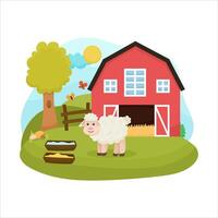 Cute baby sheep walking on the lawn, in the background a barn, fence and cute rural scene on a white background vector