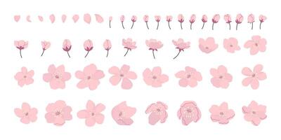 Big set of cherry flowers, petals and buds. Flat illustration. Grainy texture effect. For design of card, poster, background, pattern, scrapbooking vector