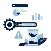 Business Update Icon Gear, charts, and Coming Soon tag, representing progress and future announcements. Ideal for website updates, business development vector