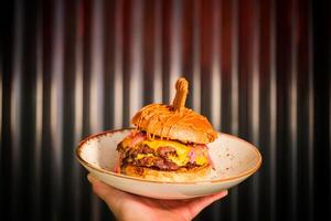 Unrecognizable person with hamburger on plate photo