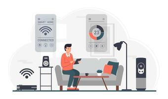 Man Controls Smart Home with Wireless System Scene vector