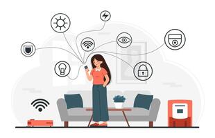 Girl Monitoring Smart Home from Mobile Phone App. vector
