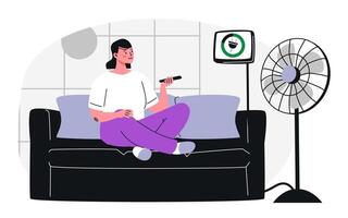 Smart Home Automation, Woman Remotely Controls Fan vector