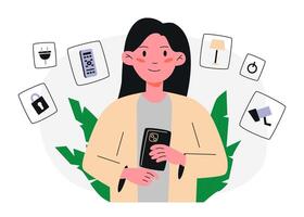 Woman Using Smartphone for Smart Home Automation. vector