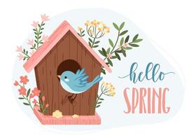 Spring Birdhouse with Flowers and Bluebird. vector