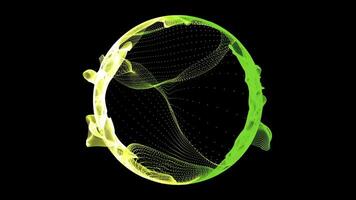 A glowing green and yellow digital ring with fluid motion and particle effects, set against a dark background for a futuristic and abstract aesthetic video