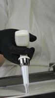 Step by step hands of skilled unrecognizable female factory worker in rubber gloves stretching elastic cheese mass production of mozzarella and cacacovala cheese making traditional cheese video