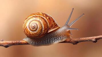Snail crawling on a twig with spiral shell and antennae photo