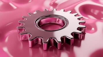 Shiny metallic gear rotating on pink background symbolizing innovative solutions photo